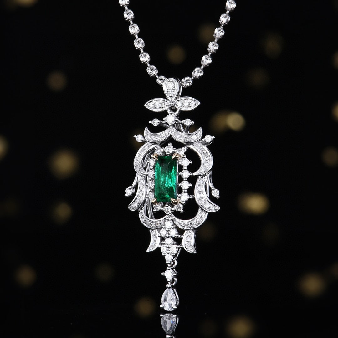 14k Gold 1.05 Ctw Vivid Green Natural Emerald & Diamond Pendant( Without Chain ) - 2