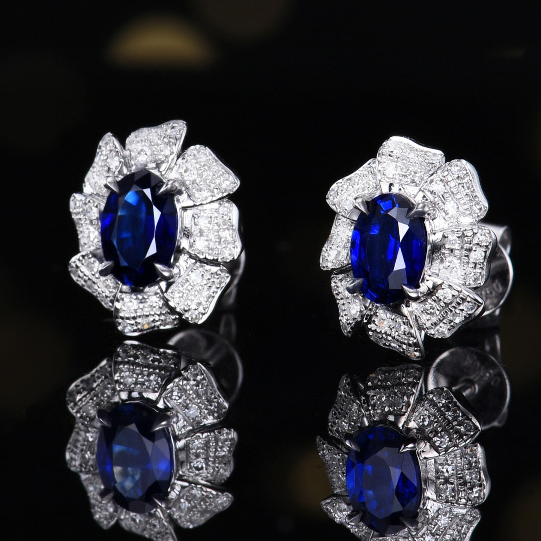 14k Gold 1.26 Ctw Vivid Blue Natural Sapphire & Diamond Earrings - 2
