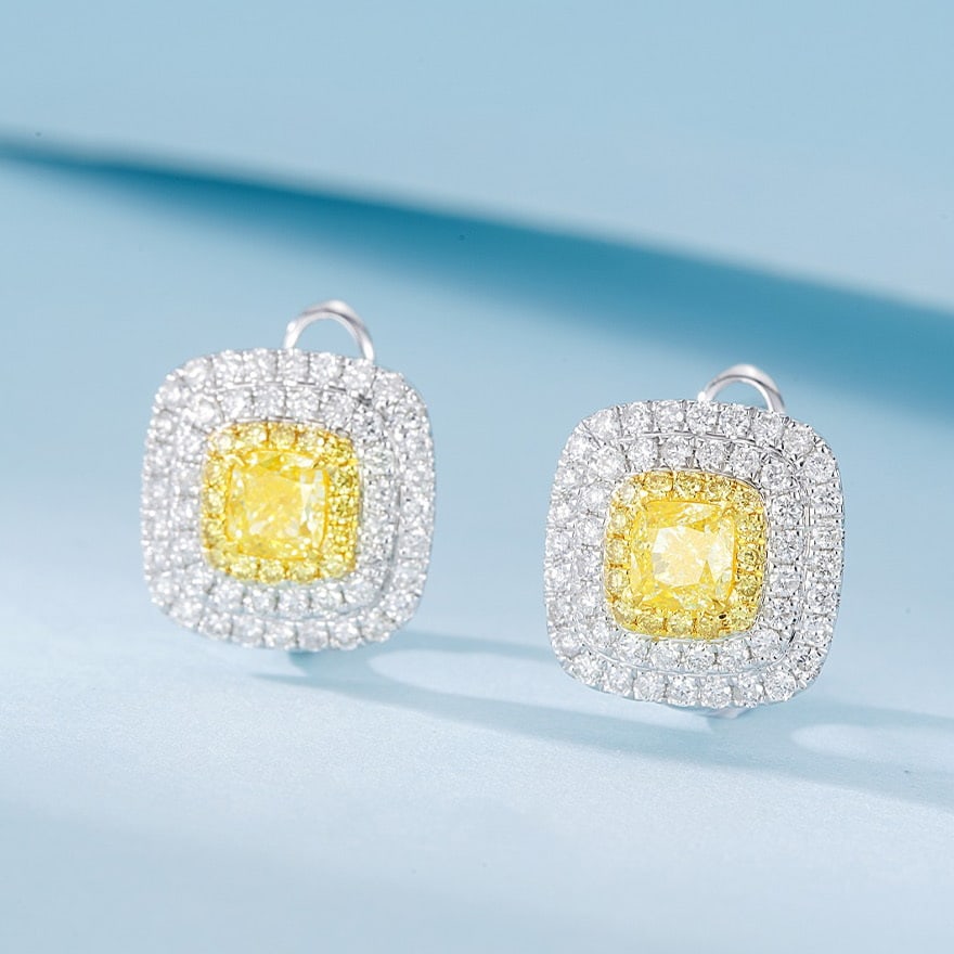 14k Gold 1.63 Ctw Natural Yellow Diamond & Diamond Earrings: Ref:231066011 // gold content:14k gold // main gemstone:yellow diamond // shape:cushion // carat weight:1. 32ct // color:yellow // treatment:natural // // adjacent gemstone 2 : diamond // shape:round 