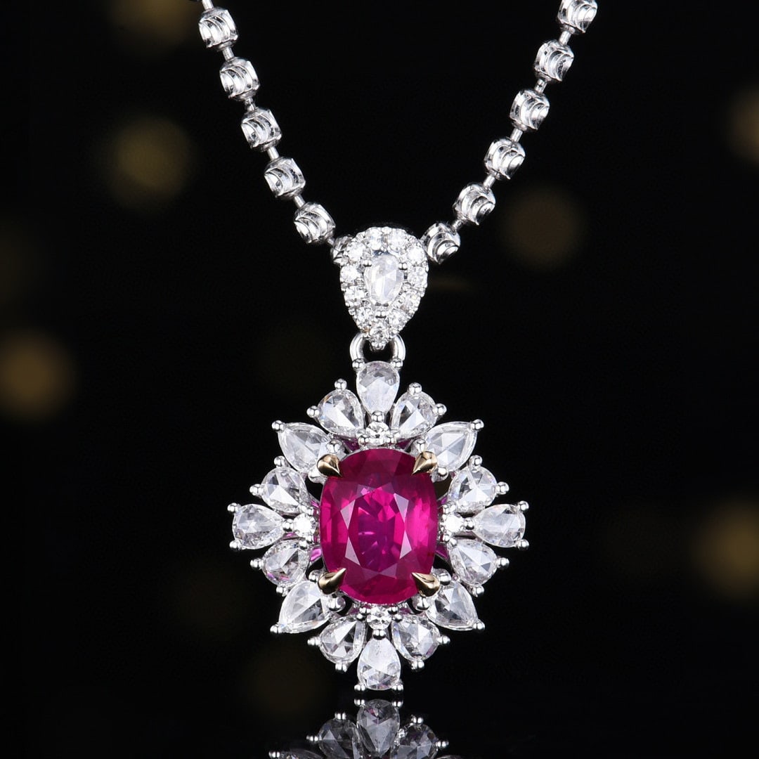 14k Gold 1.43 Ctw Natural Ruby & Diamond Pendant( Without Chain ): Ref:231066018 // gold content:14k gold // main gemstone:ruby // shape:oval // carat weight:0. 99ct // color:red // treatment:natural // // adjacent gemstone 2 : diamond // number of stones:32 //