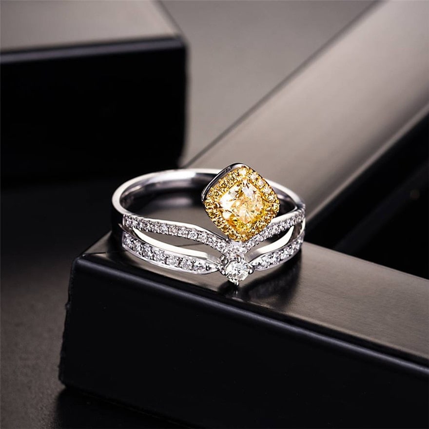 Gia Certified 14k Gold 1 Ct Natural Yellow Diamond & Diamond Ring - 2