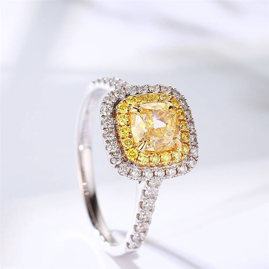 14k Gold 1.00 Ct Natural Yellow Diamond & Diamond Ring: Ref:231066038 // gold content:14k gold // ring size:7. 25us // // main gemstone:yellow diamond // shape:cushion // carat weight:1. 00ct // color:yellow // treatment:natural // // adjacent gemstone 2