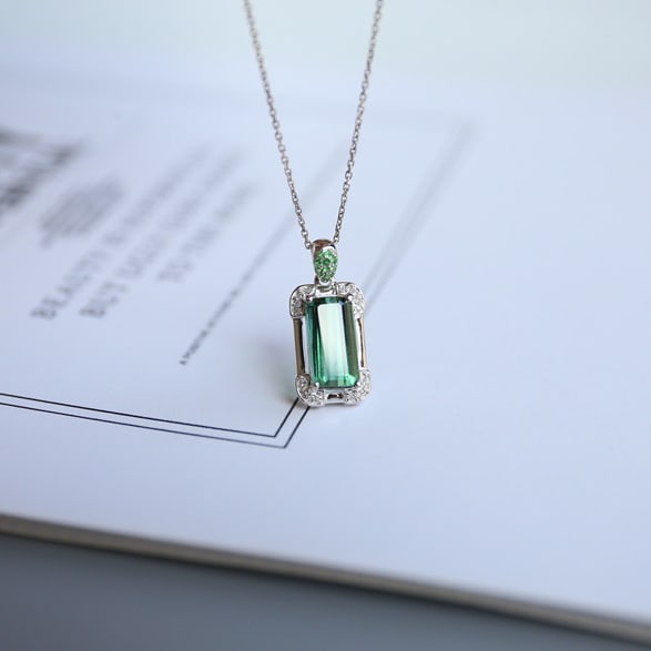 14k Gold 2.75 Ct Natural Tourmaline & Diamond & Tsavorite Pendant( Without Chain ) - 7