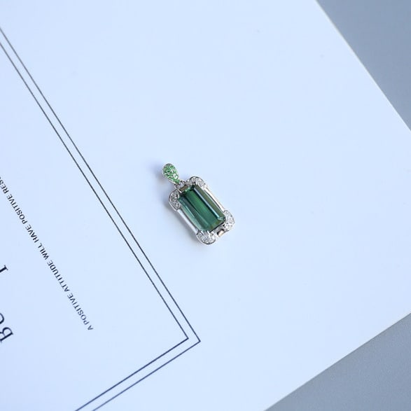 14k Gold 2.75 Ct Natural Tourmaline & Diamond & Tsavorite Pendant( Without Chain ) - 9