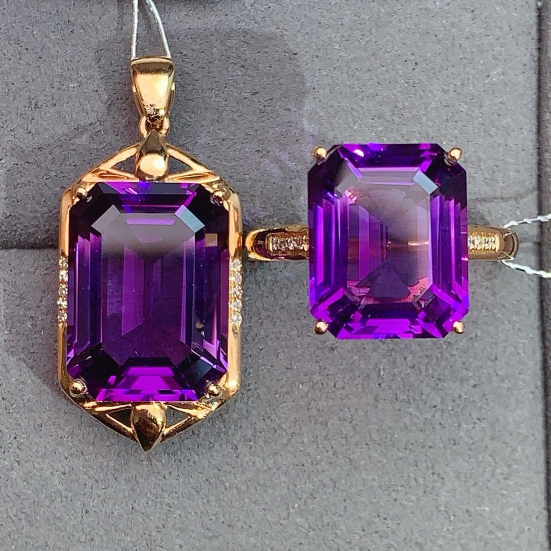 14k Gold 13.25 Ctw Natural Amethyst & Diamond Jewelry Set: Ref:231066087 // gold content:14k gold // ring size:7. 25us // // pendant(without chain) // main gemstone:amethyst // shape:octagonal // carat weight:8. 1ct // color:purple // treatment:natural // //