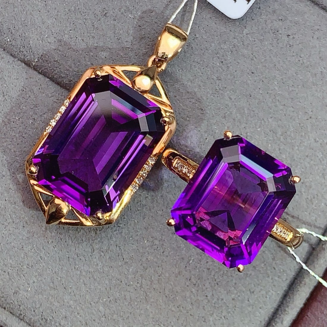 14k Gold 13.25 Ctw Natural Amethyst & Diamond Jewelry Set - 2