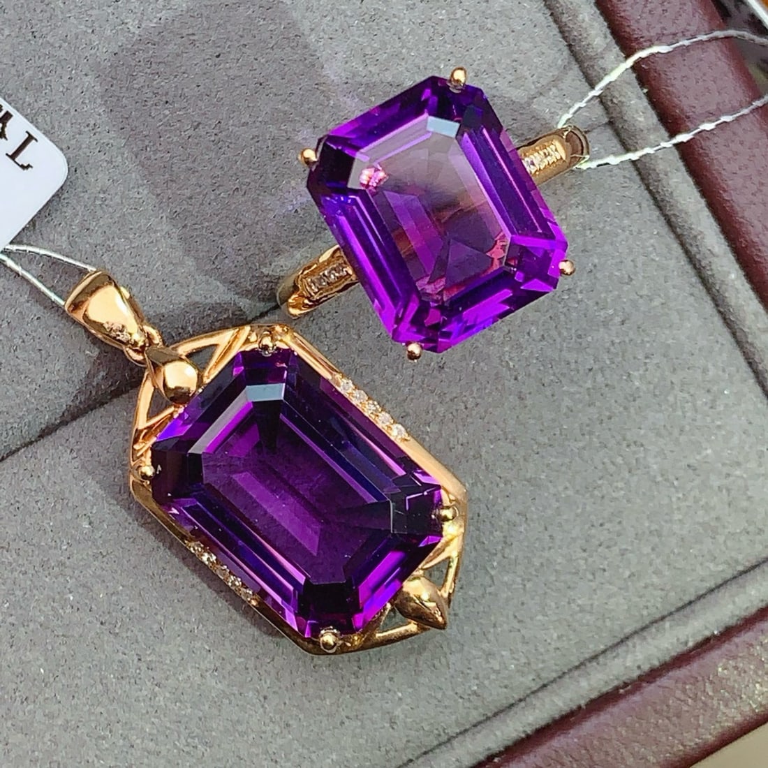 14k Gold 13.25 Ctw Natural Amethyst & Diamond Jewelry Set - 6