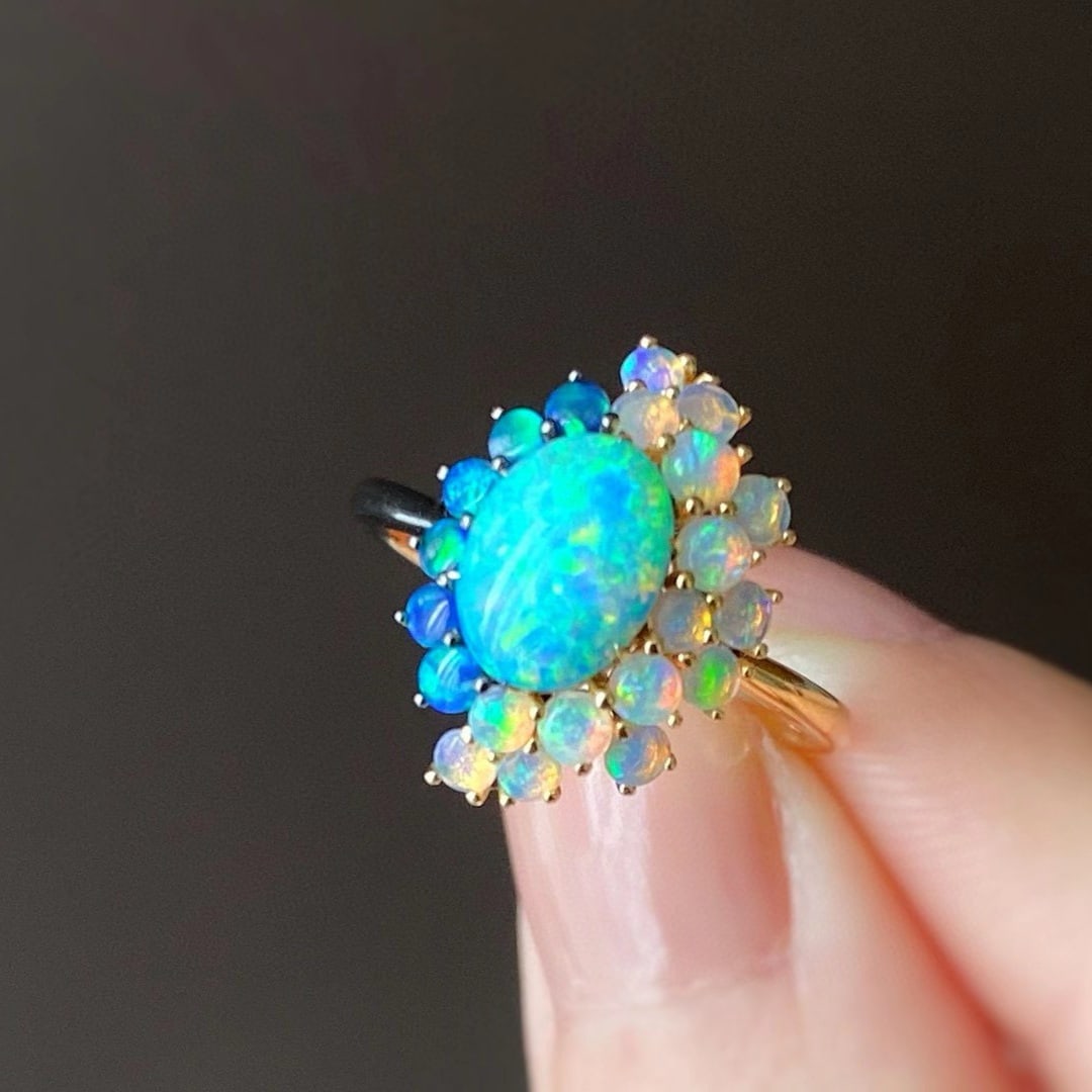14k Gold 0.7 Ct Natural Opal & Opal Ring - 4