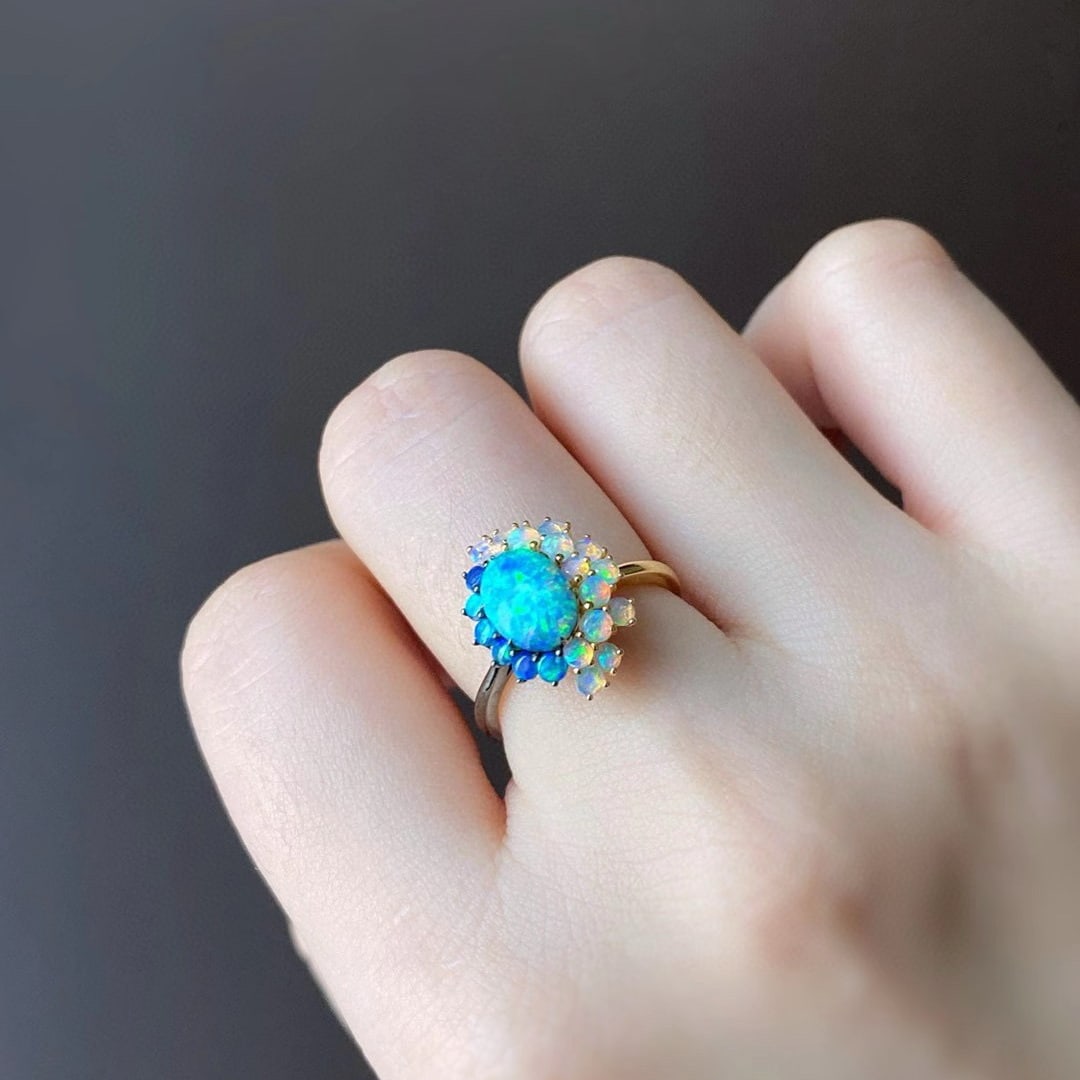 14k Gold 0.7 Ct Natural Opal & Opal Ring - 7
