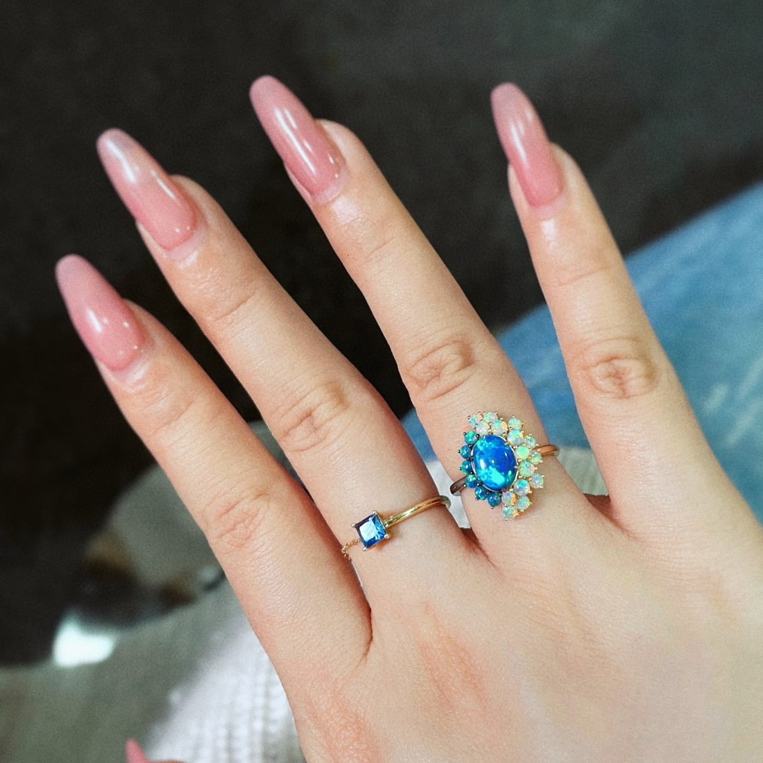14k Gold 0.7 Ct Natural Opal & Opal Ring - 8