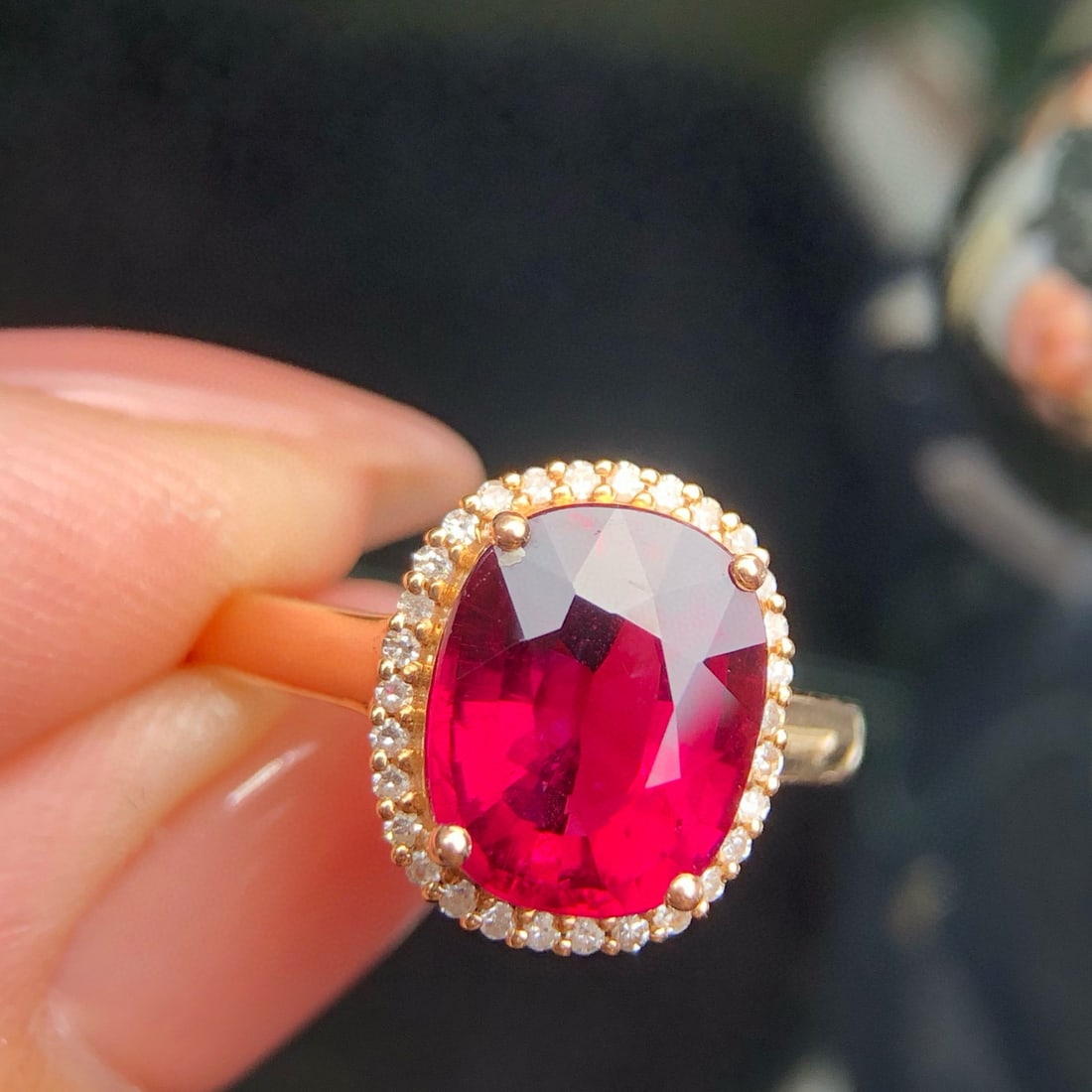 14k Gold 3.21 Ct Natural Tourmaline & Diamond Ring: Ref:231066117 // gold content:14k gold // ring size:7. 25us // // main gemstone:tourmaline // shape:cushion // carat weight:3. 21ct // color:red // treatment:natural // // adjacent gemstone 2 :