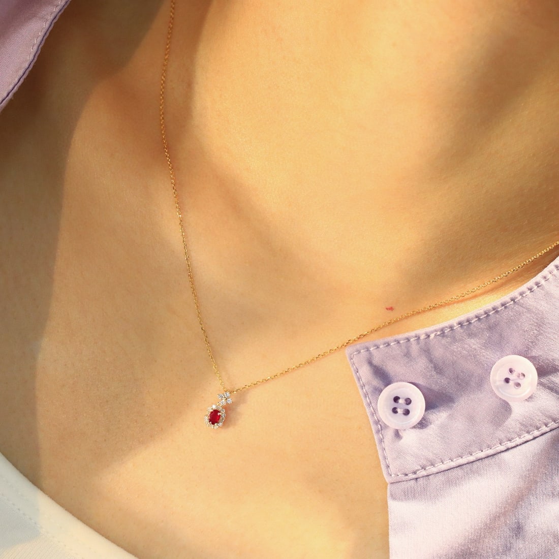 14k Gold 0.3 Ctw Natural Ruby & Diamond Necklace - 2