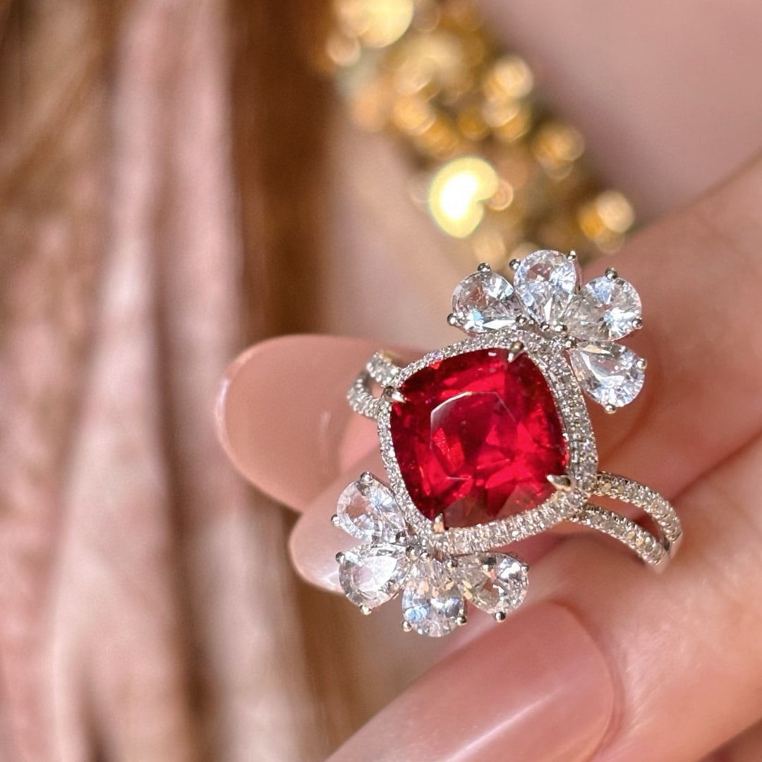 14k Gold 2.75 Ct Natural Tourmaline & Diamond & Sapphire Ring: Ref:231066124 // gold content:14k gold // ring size:7. 25us // // main gemstone:tourmaline // shape:cushion // carat weight:2. 75ct // color:red // treatment:natural // // adjacent gemstone 2 :