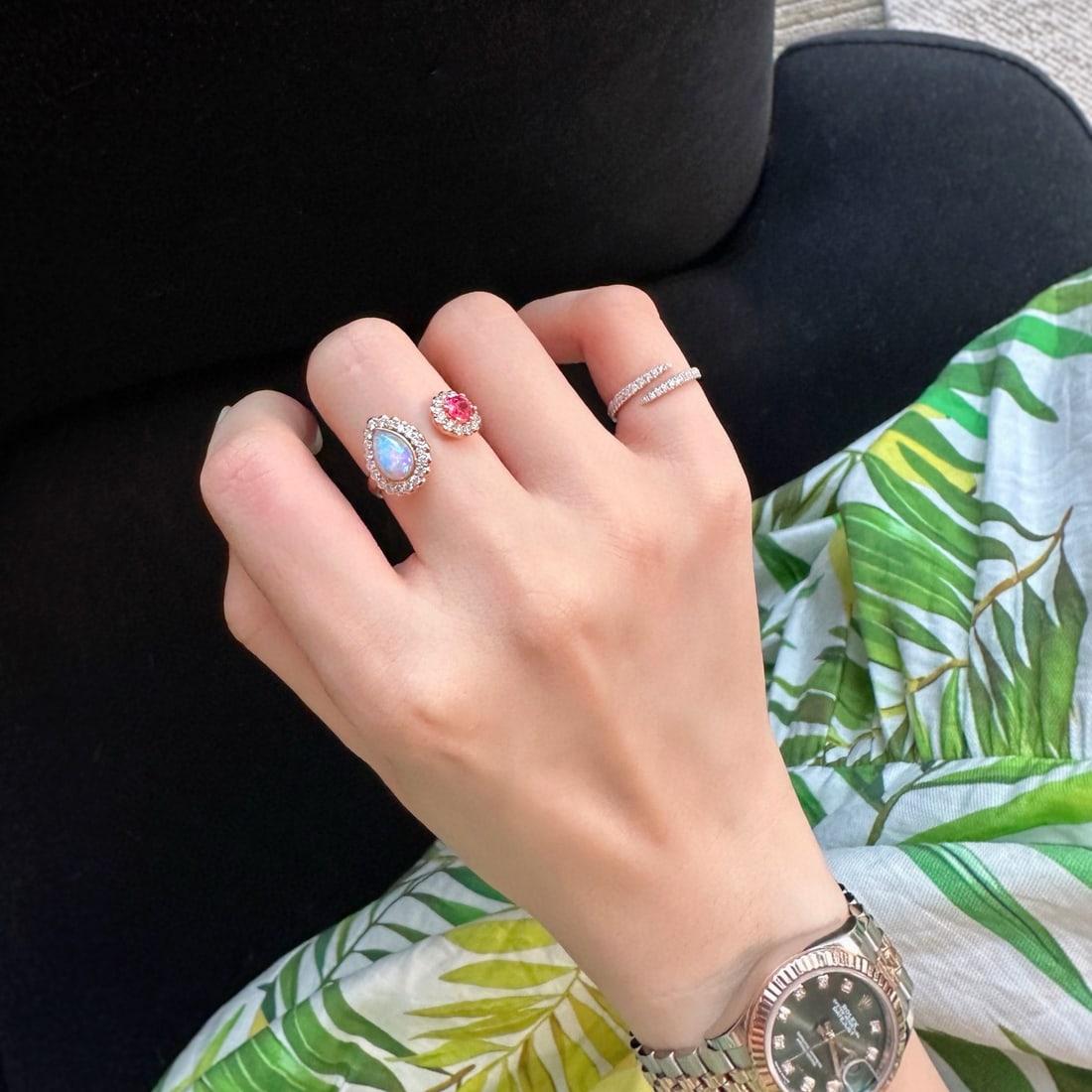 14k Gold 0.9 Ctw Natural Opal & Spinel Ring - 5