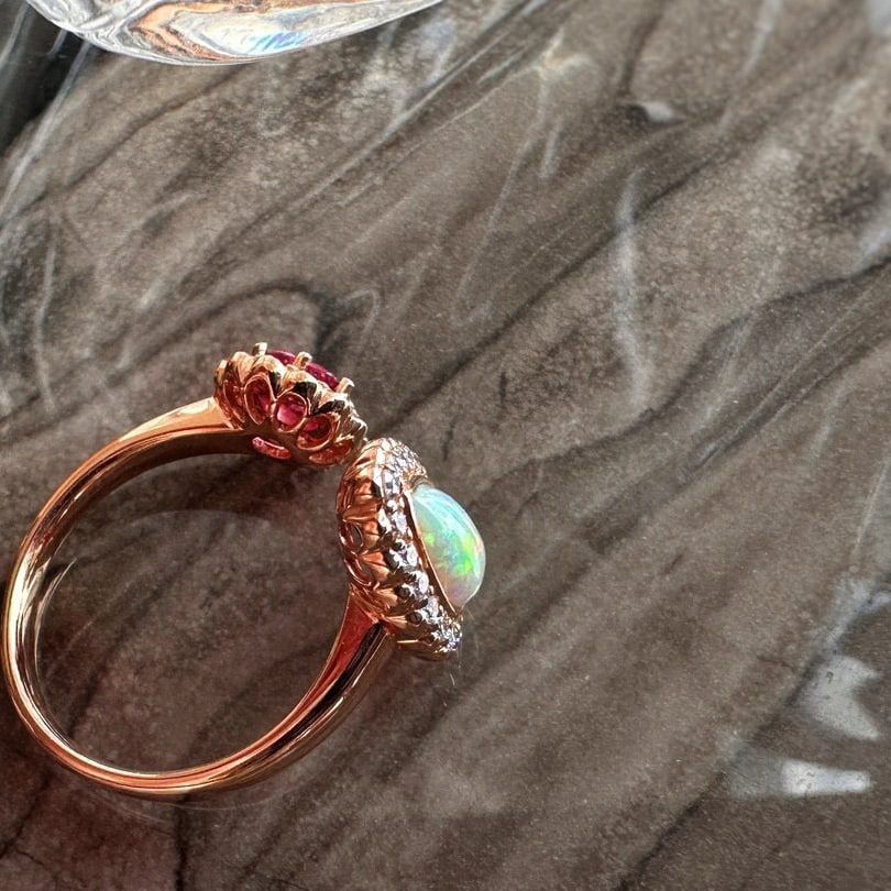 14k Gold 0.9 Ctw Natural Opal & Spinel Ring - 8