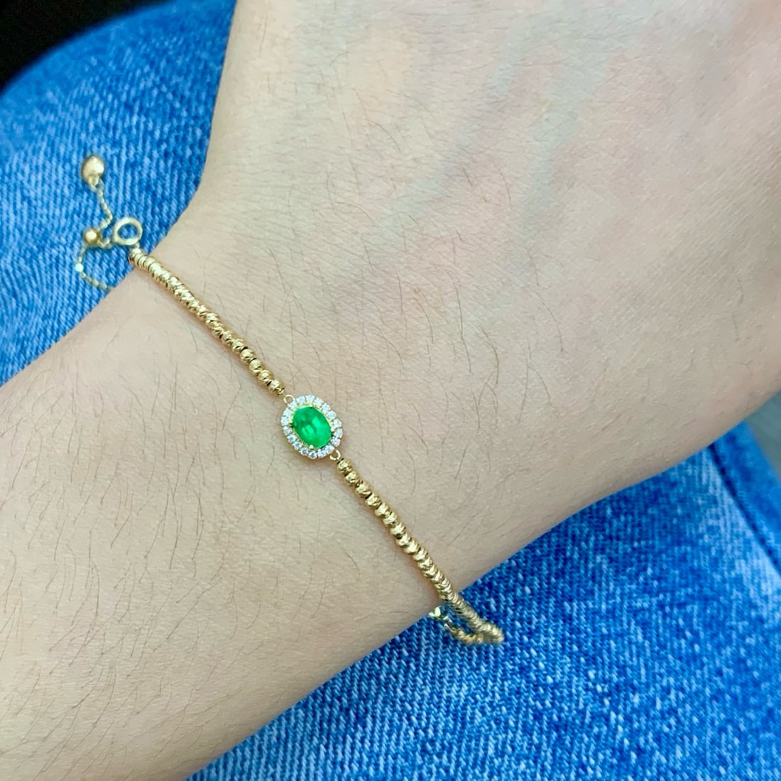 14k Gold 0.43 Ctw Vivid Green Natural Emerald & Diamond Bracelet - 2
