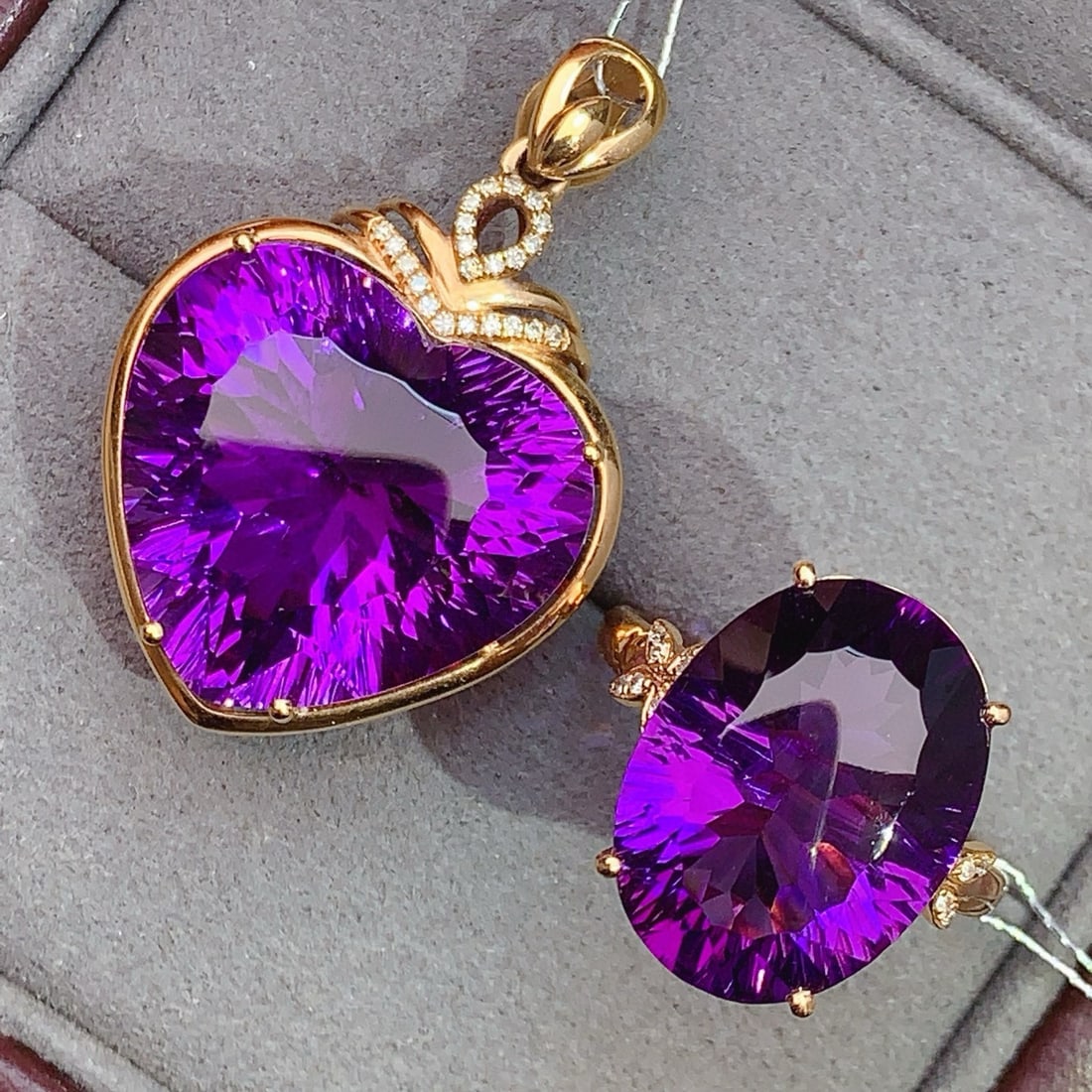 14k Gold 26.11 Ctw Natural Amethyst & Diamond Jewelry Set - 2