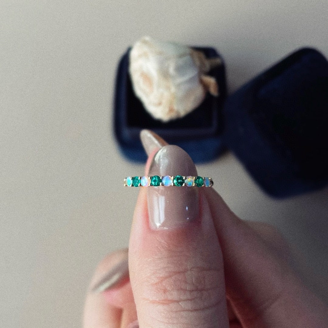 14k Gold 0.25 Ct Natural Emerald & Opal Ring - 5