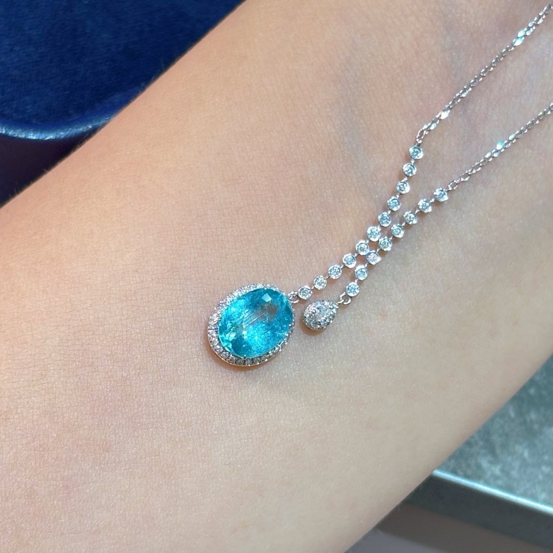 14k Gold 1.61 Ct Natural Paraiba Tourmaline & Diamond Necklace - 2