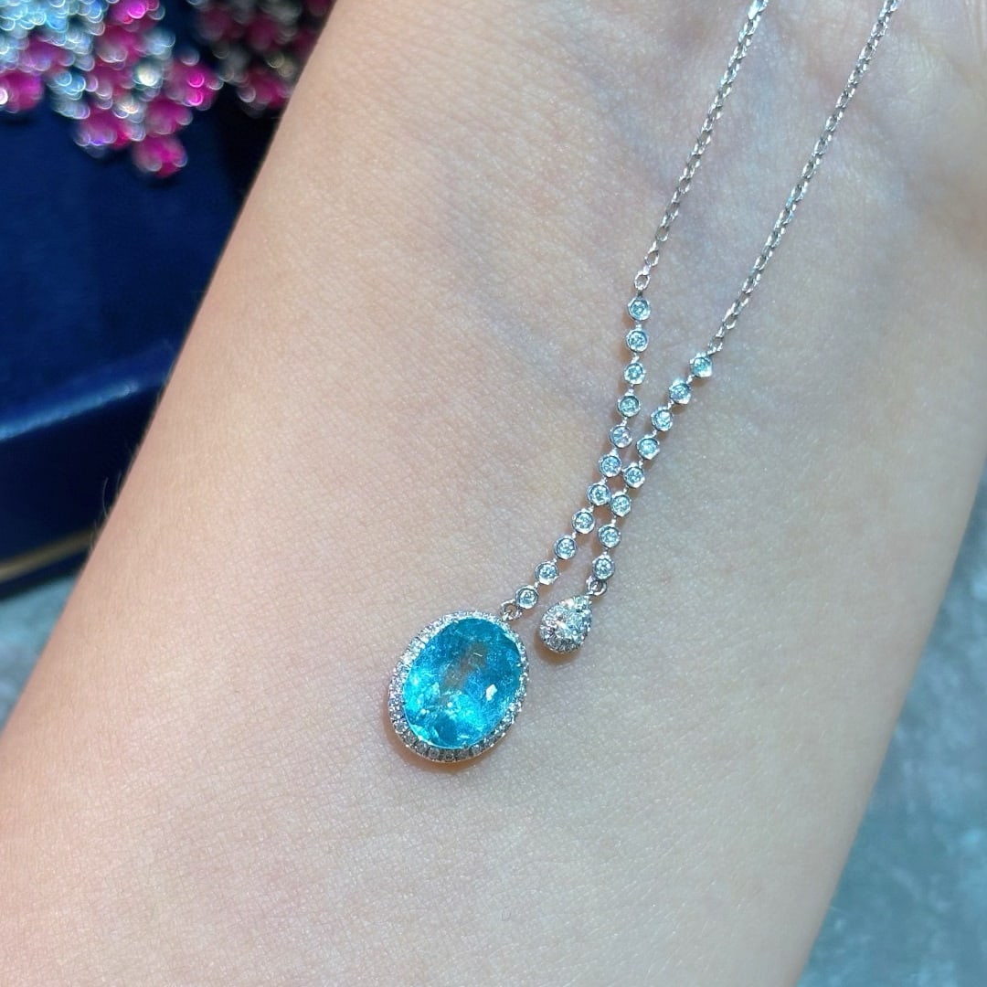 14k Gold 1.61 Ct Natural Paraiba Tourmaline & Diamond Necklace - 3