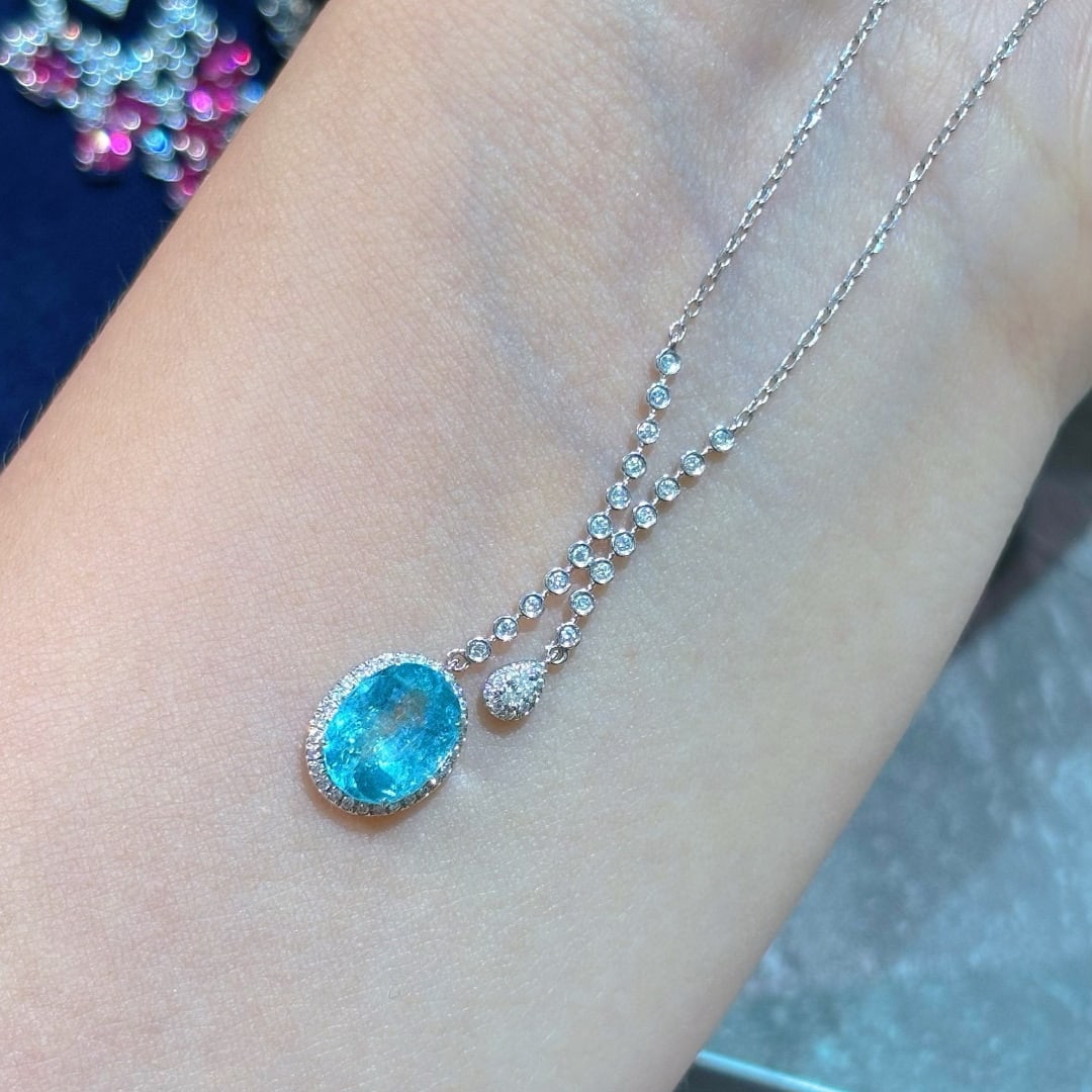 14k Gold 1.61 Ct Natural Paraiba Tourmaline & Diamond Necklace - 5