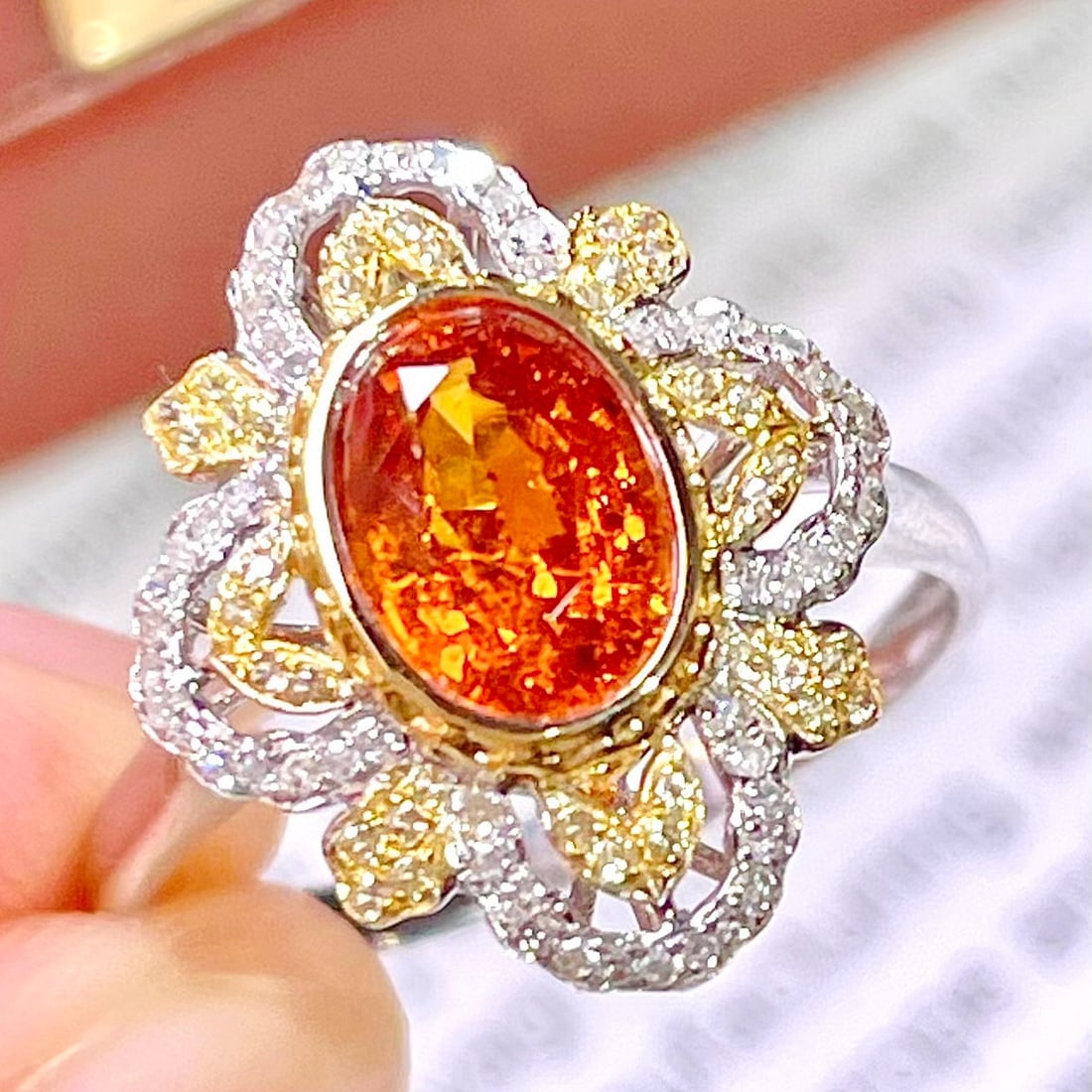 14k Gold 1.7 Ct Natural Spessartine & Diamond & Sapphire Ring - 3