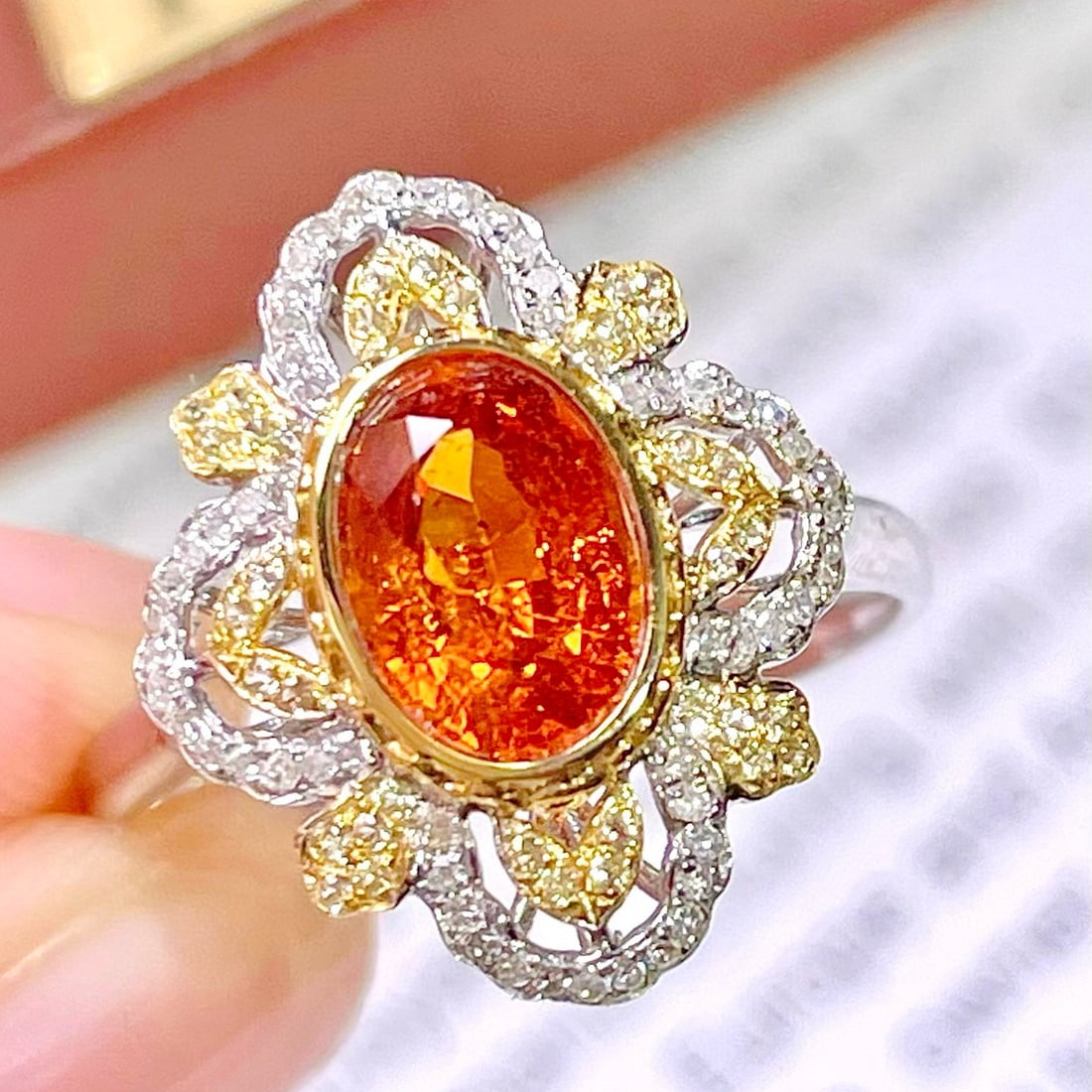 14k Gold 1.7 Ct Natural Spessartine & Diamond & Sapphire Ring - 5