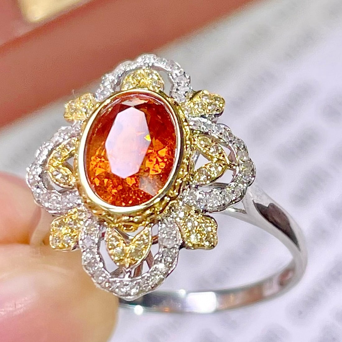 14k Gold 1.7 Ct Natural Spessartine & Diamond & Sapphire Ring - 6