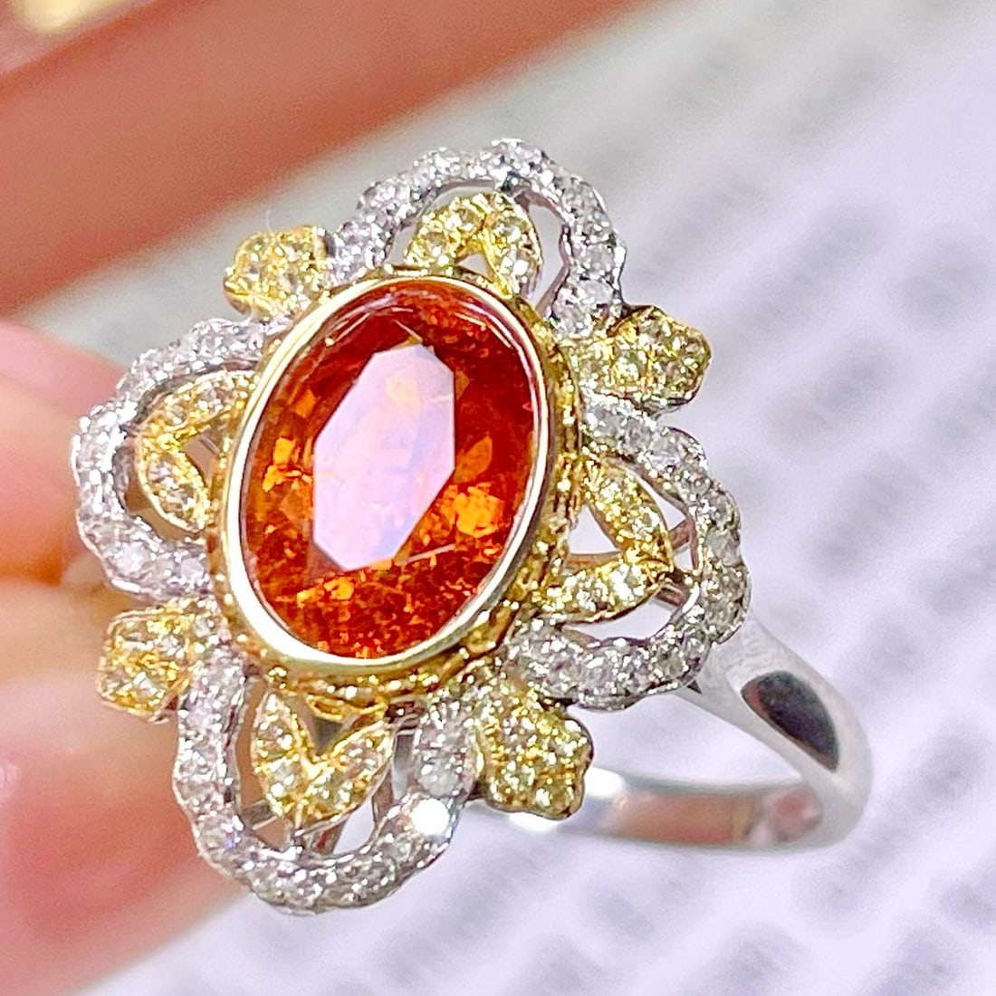 14k Gold 1.7 Ct Natural Spessartine & Diamond & Sapphire Ring - 7