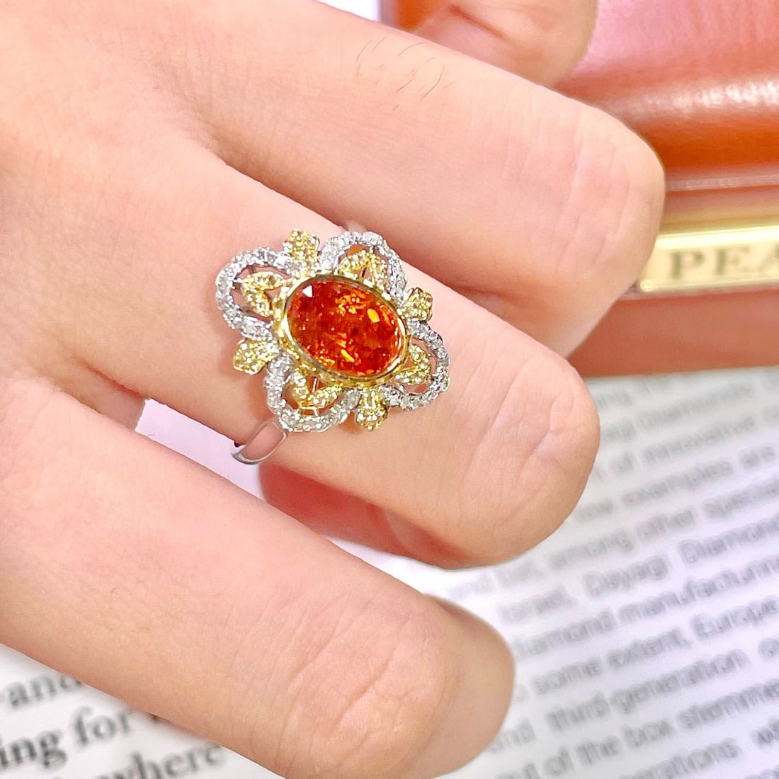 14k Gold 1.7 Ct Natural Spessartine & Diamond & Sapphire Ring - 8