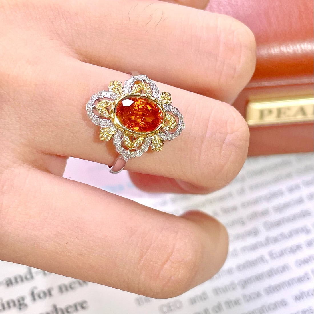 14k Gold 1.7 Ct Natural Spessartine & Diamond & Sapphire Ring - 9