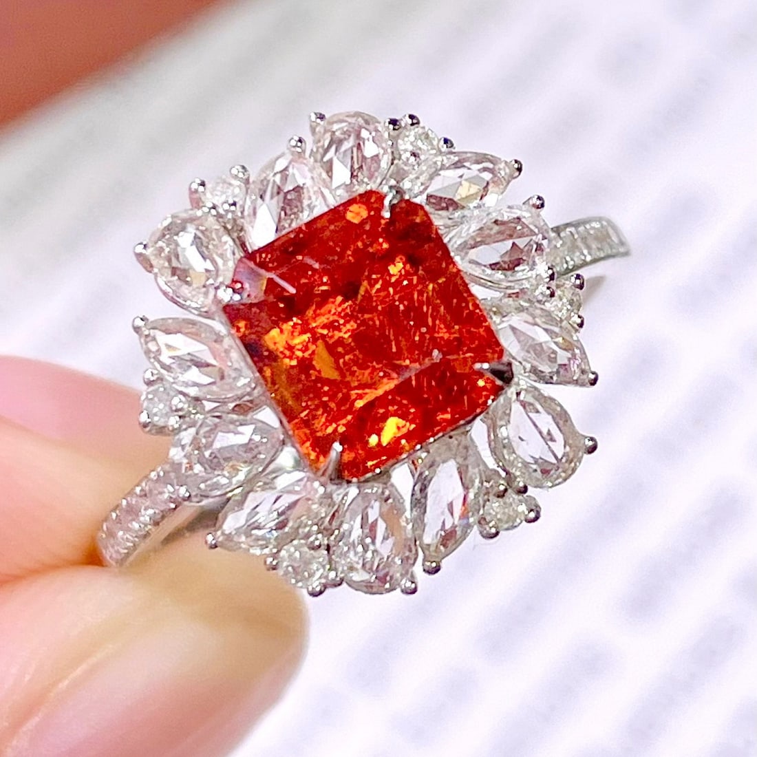 14k Gold 2.8 Ct Natural Spessartine & Diamond & Sapphire Ring - 4