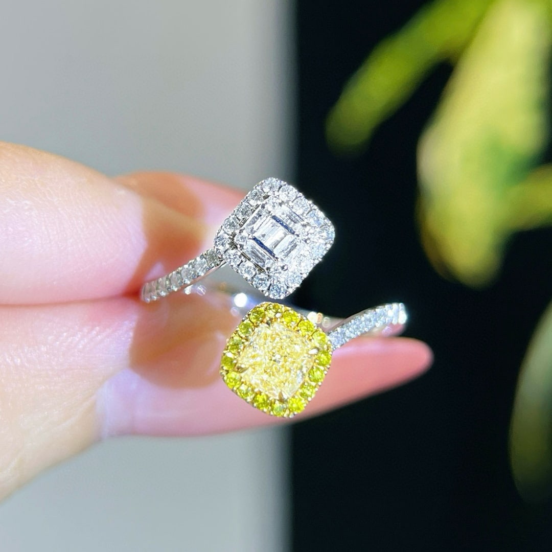 14k Gold 0.87 Ctw Natural Yellow Diamond & Diamond Ring: Ref:231066261 // gold content:14k gold // ring size:7. 25us // // main gemstone:yellow diamond // shape:cushion // carat weight:0. 51ct // color:yellow // treatment:natural // // adjacent gemstone 2