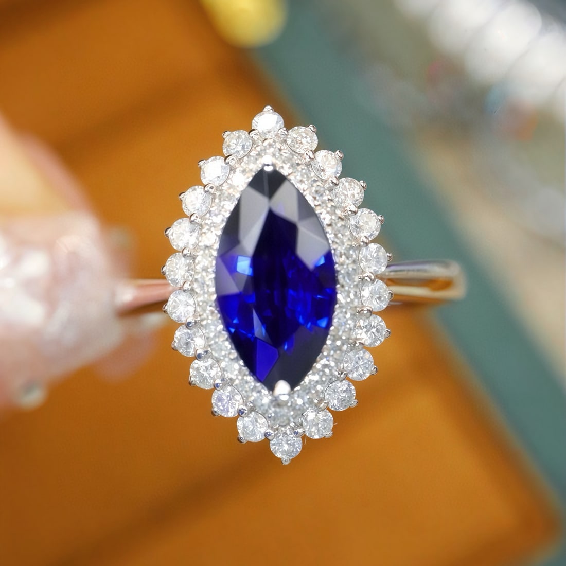 14k Gold 1.99 Ctw Natural Sapphire & Diamond Ring: Ref:231066264 // gold content:14k gold // ring size:7. 25us // // main gemstone:sapphire // shape:marquise // carat weight:1. 58ct // color:royal blue // treatment:natural // // adjacent gemstone 2 :