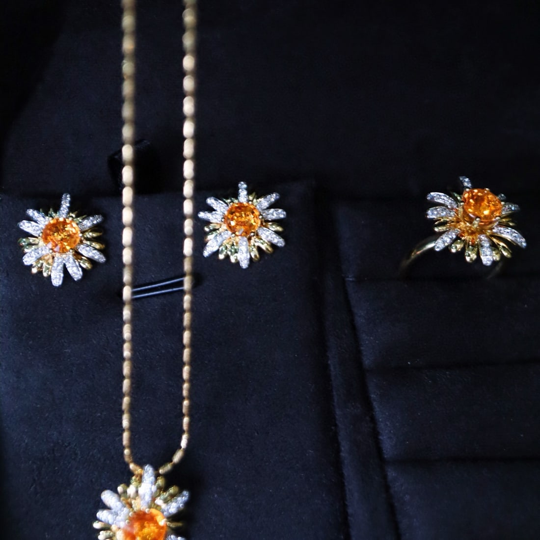 14k Gold 6.28 Ctw Natural Spessartine & Diamond Jewelry Set: Ref:231066287 // gold content:14k gold // ring size:7. 25us // // ring // main gemstone:spessartine // shape:round // carat weight:1. 78ct // color:orange // treatment:natural // cut grade:g // // adj