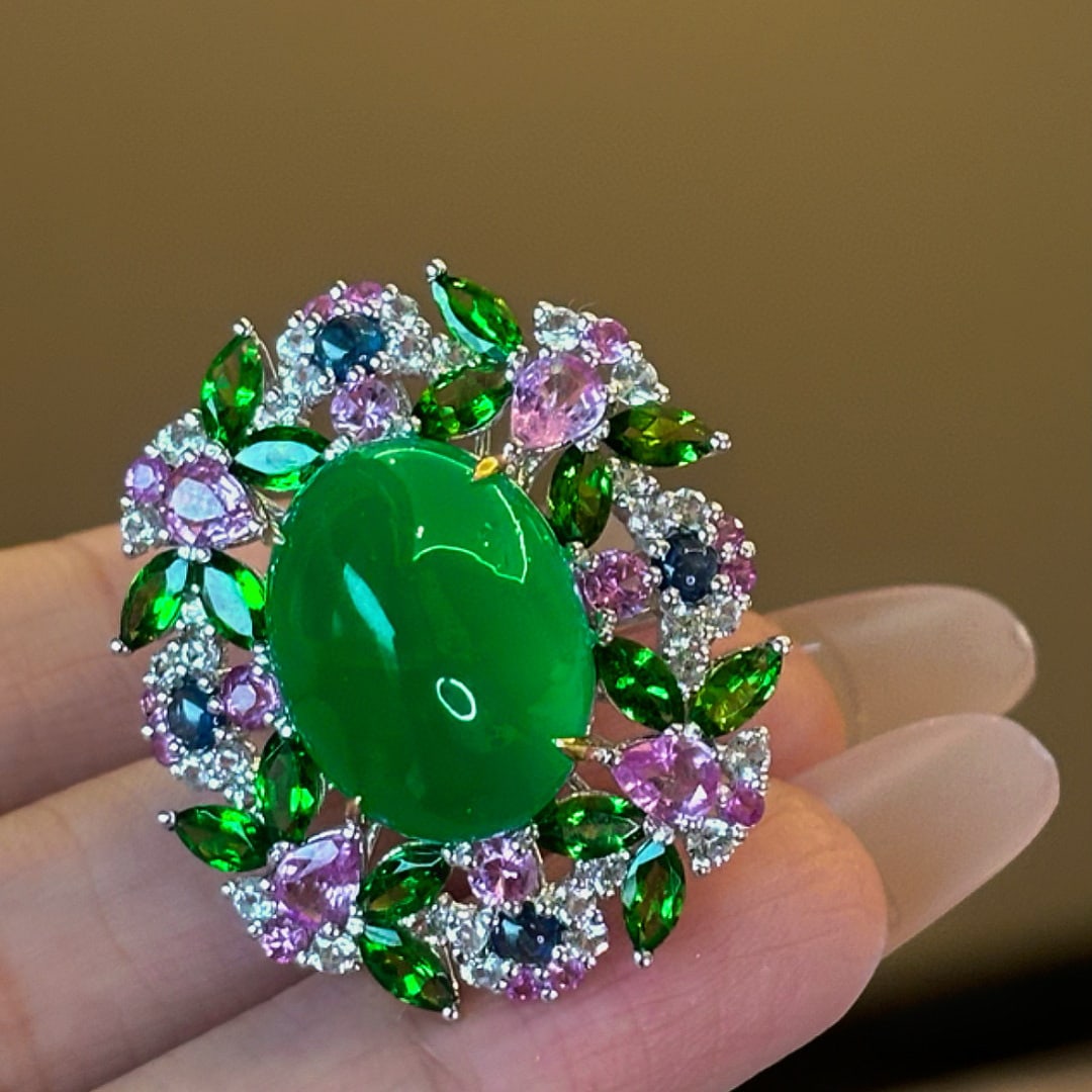 14k Gold 13 Ct Vivid Green Natural Emerald & Diamond & Sapphire & Tsavorite Ring - 2