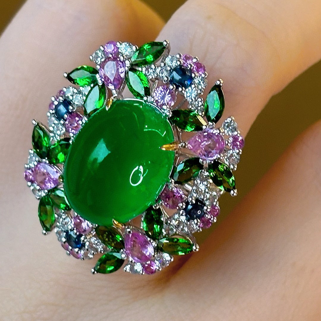 14k Gold 13 Ct Vivid Green Natural Emerald & Diamond & Sapphire & Tsavorite Ring - 3