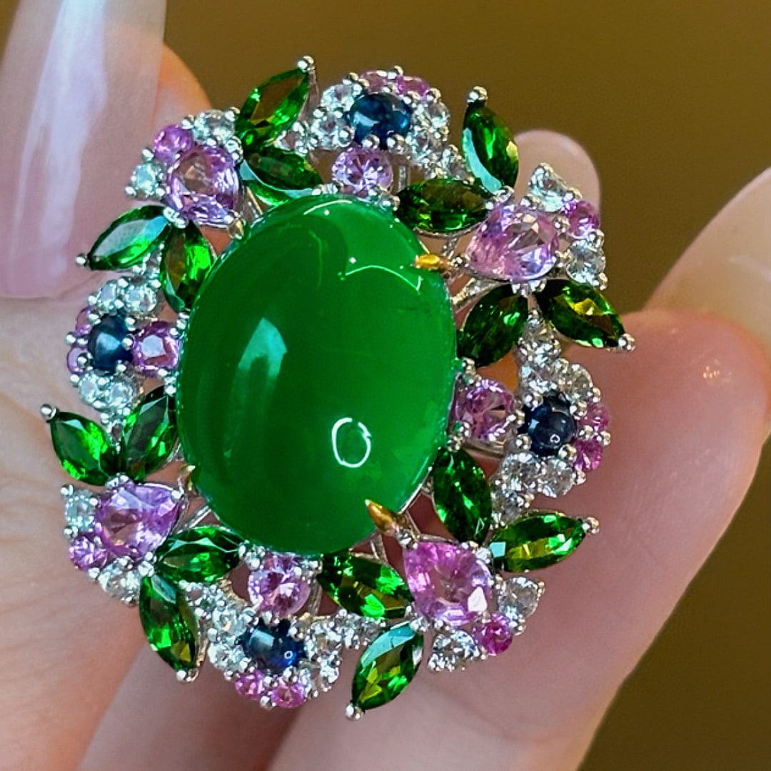 14k Gold 13 Ct Vivid Green Natural Emerald & Diamond & Sapphire & Tsavorite Ring - 4