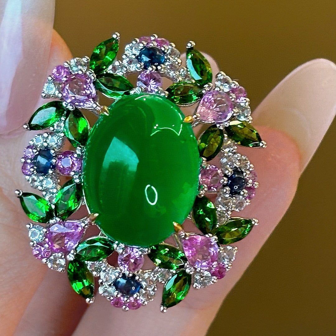 14k Gold 13 Ct Vivid Green Natural Emerald & Diamond & Sapphire & Tsavorite Ring - 5