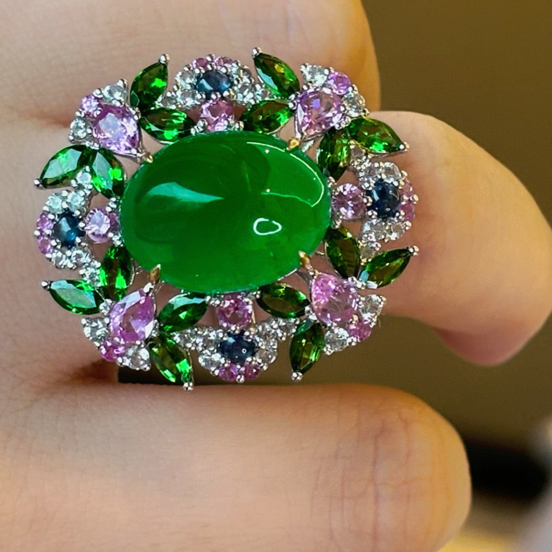 14k Gold 13 Ct Vivid Green Natural Emerald & Diamond & Sapphire & Tsavorite Ring - 6
