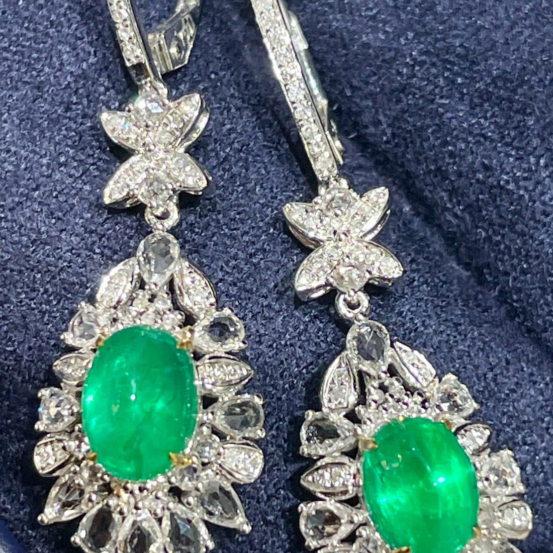 14k Gold 2.2 Ct Vivid Green Natural Emerald & Diamond & Sapphire Earrings - 2