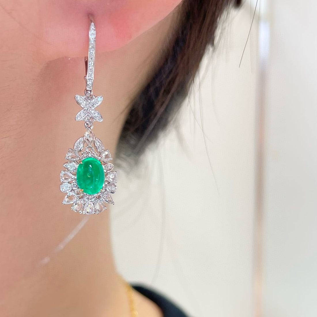 14k Gold 2.2 Ct Vivid Green Natural Emerald & Diamond & Sapphire Earrings - 3