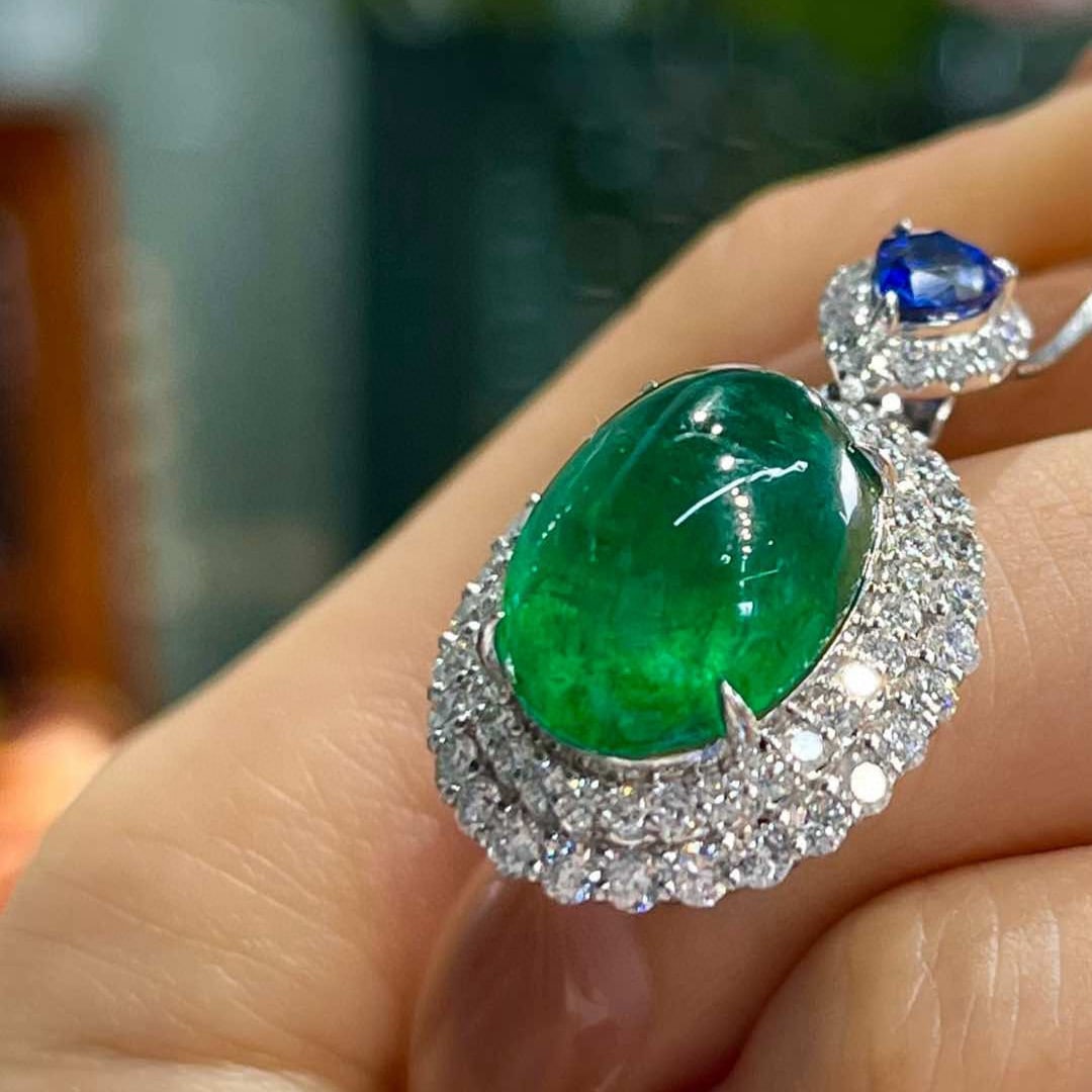 14k Gold 9.55 Ctw Vivid Green Natural Emerald & Diamond Pendant( Without Chain ) - 2