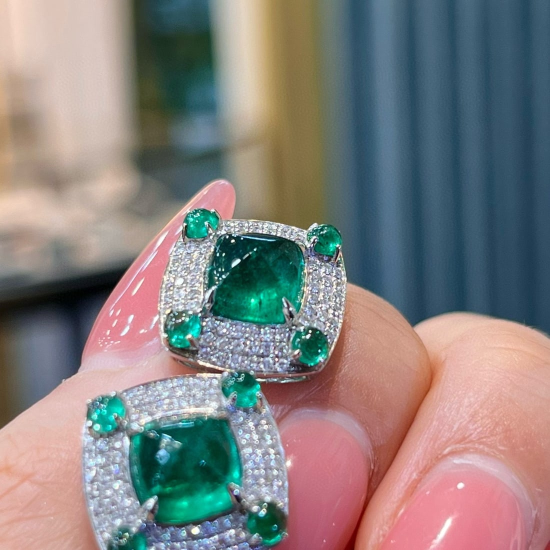 14k Gold 5.37 Ctw Vivid Green Natural Emerald & Diamond Earrings - 3