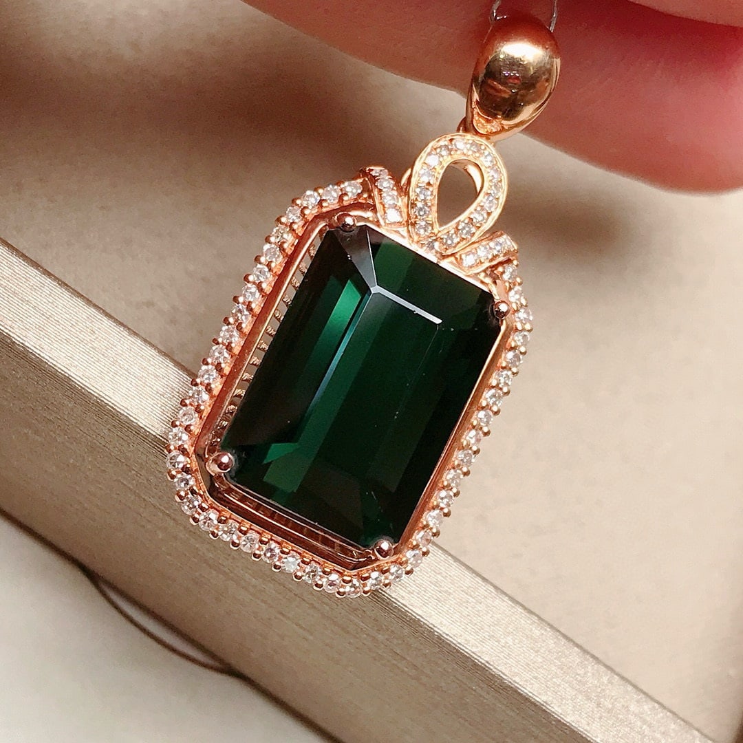14k Gold 7.2 Ct Natural Tourmaline & Diamond Pendant( Without Chain ) - 2