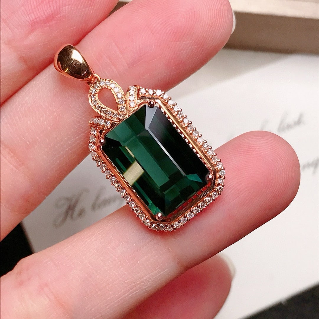 14k Gold 7.2 Ct Natural Tourmaline & Diamond Pendant( Without Chain ) - 4