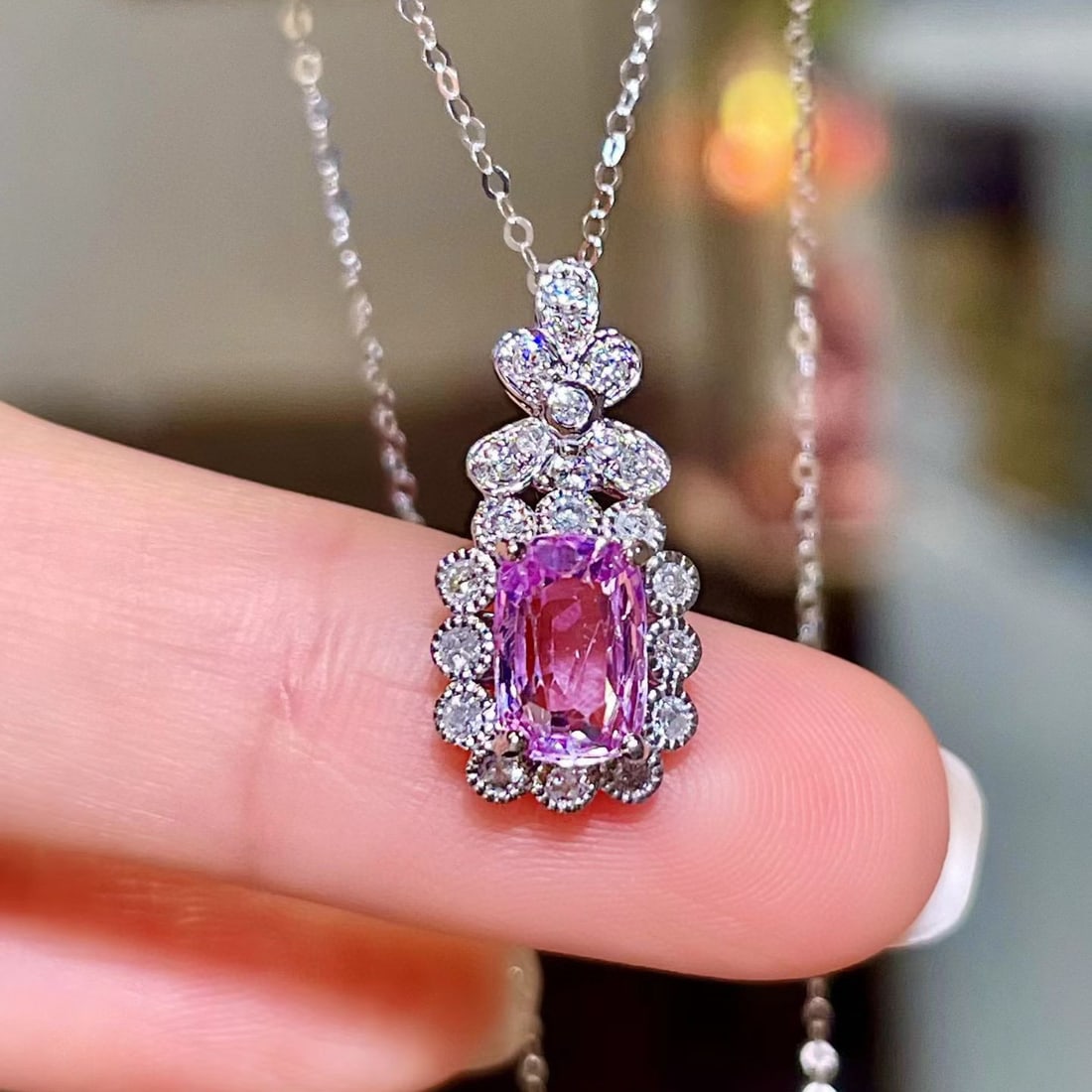 14k Gold 1.54 Ctw Natural Sapphire & Diamond Necklace: Ref:231066375 // gold content:14k gold // main gemstone:sapphire // shape:cushion // carat weight:1. 28ct // color:pink // treatment:natural // // adjacent gemstone 2 : diamond // shape:round //