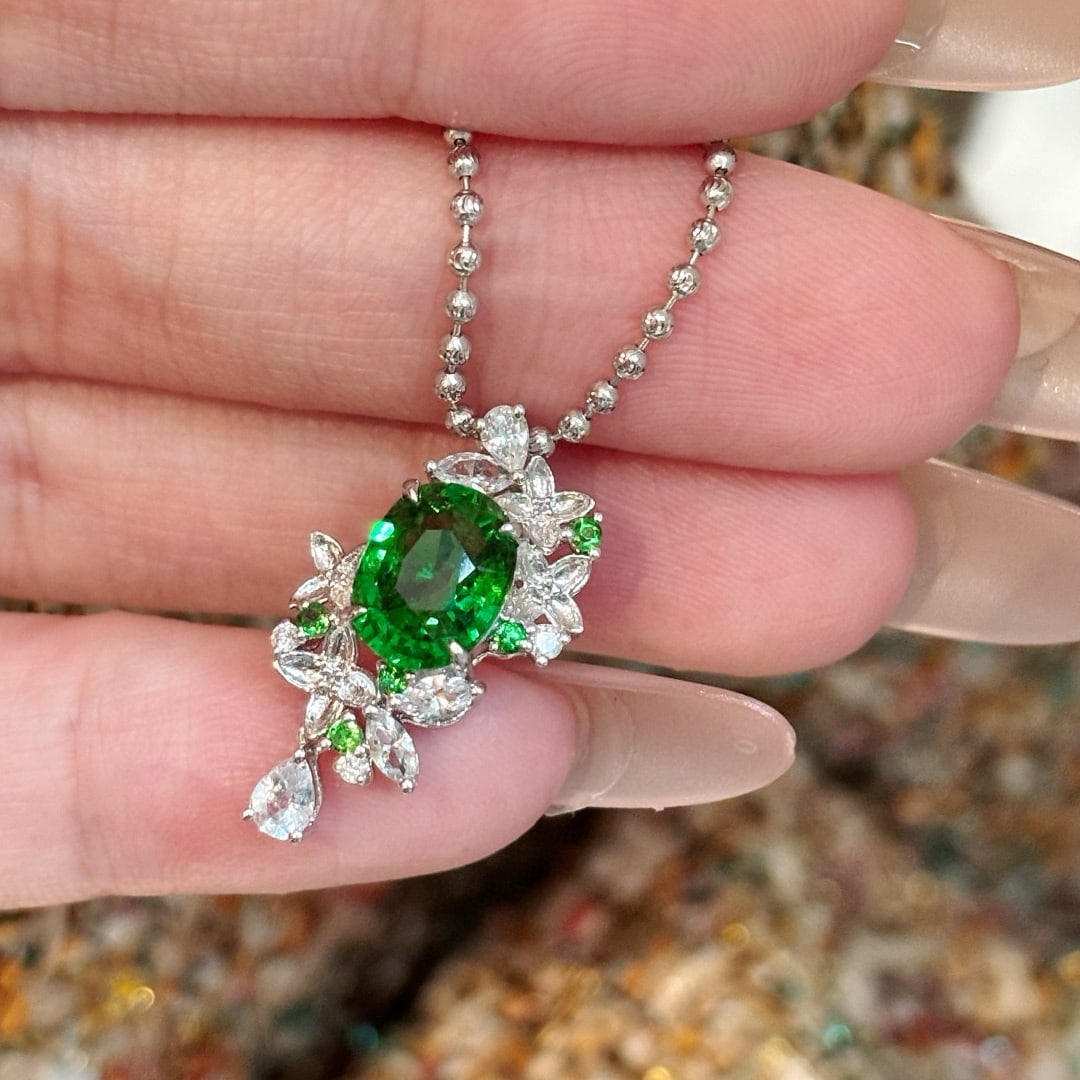 14k Gold 1.68 Ct Vivid Green Natural Tsavorite & Diamond Pendant( Without Chain ) - 2