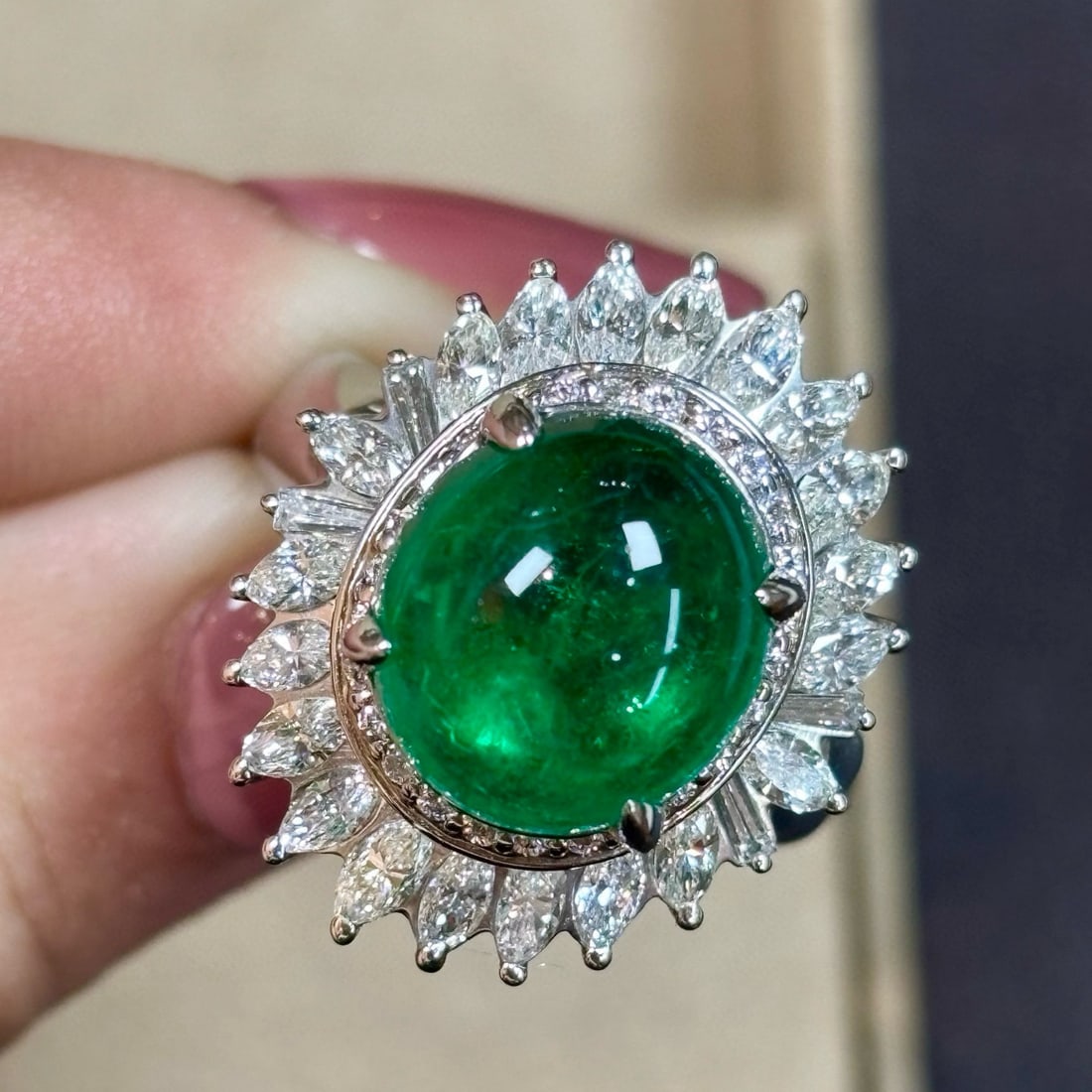 14k Gold 6.15 Ctw Vivid Green Natural Emerald & Diamond Ring: Ref:231066386 // gold content:14k gold // ring size:7. 25us // // main gemstone:emerald // shape:oval // carat weight:4. 65ct // color:vivid green // treatment:natural // // adjacent gemstone 2 :