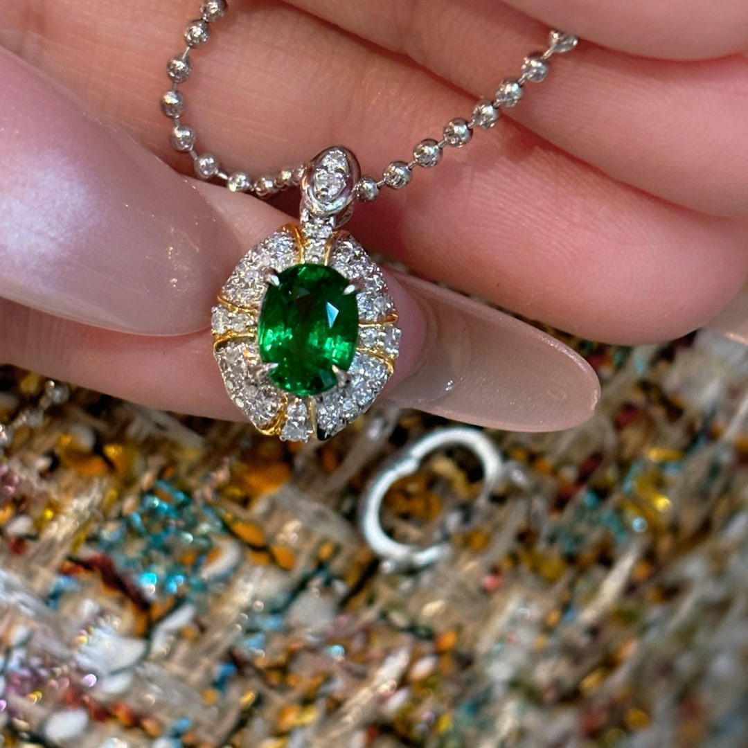 14k Gold 1.08 Ct Vivid Green Natural Tsavorite & Diamond Pendant( Without Chain ) - 2